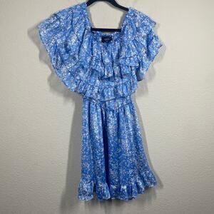 Vici XS Off The Shoulder Chiffon Shift Mini Dress Blue Floral Ruffled Hourglass